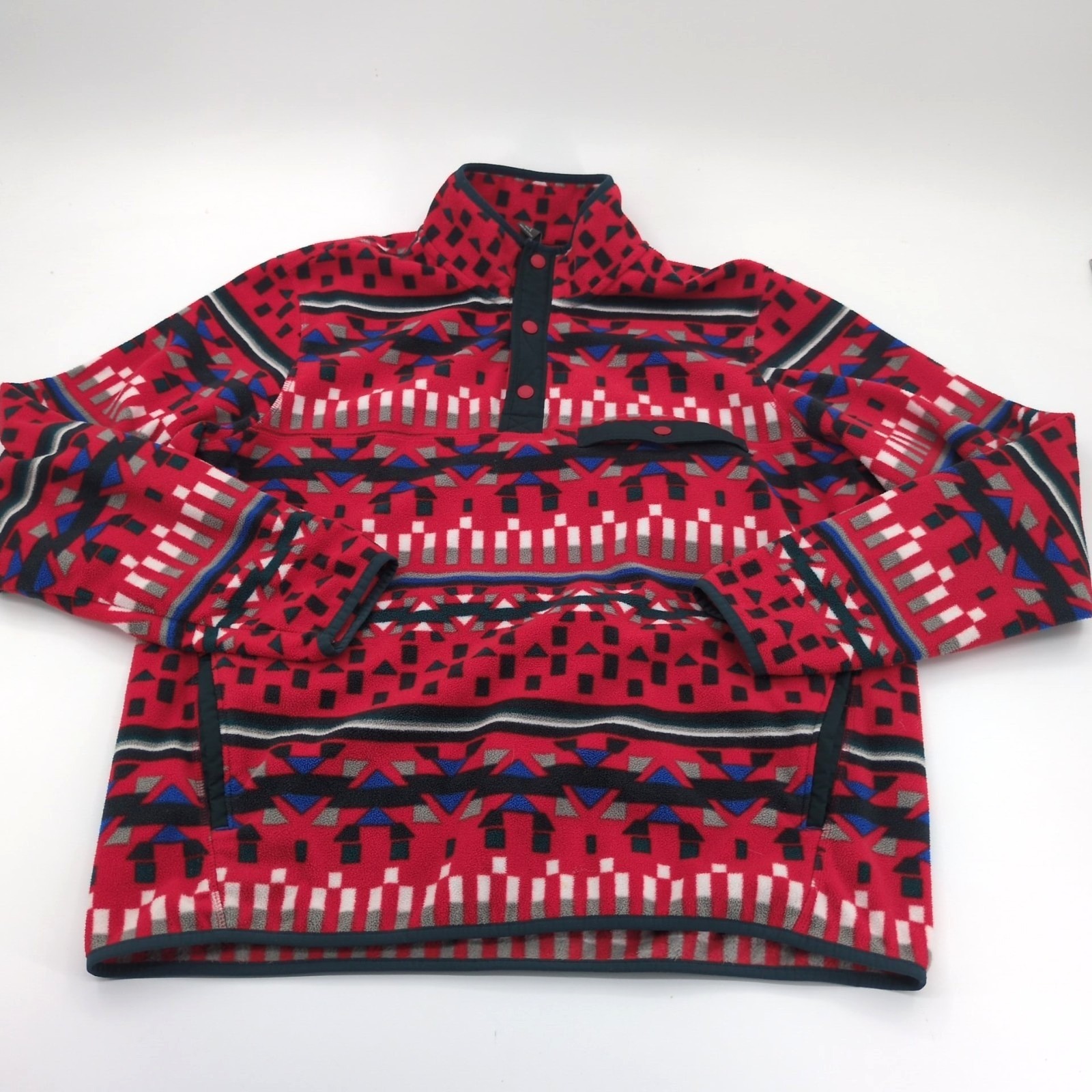 Eddie Bauer Men Large Aztec Fleece Pullover Red Geometric Snap Neck T-Neck Retro